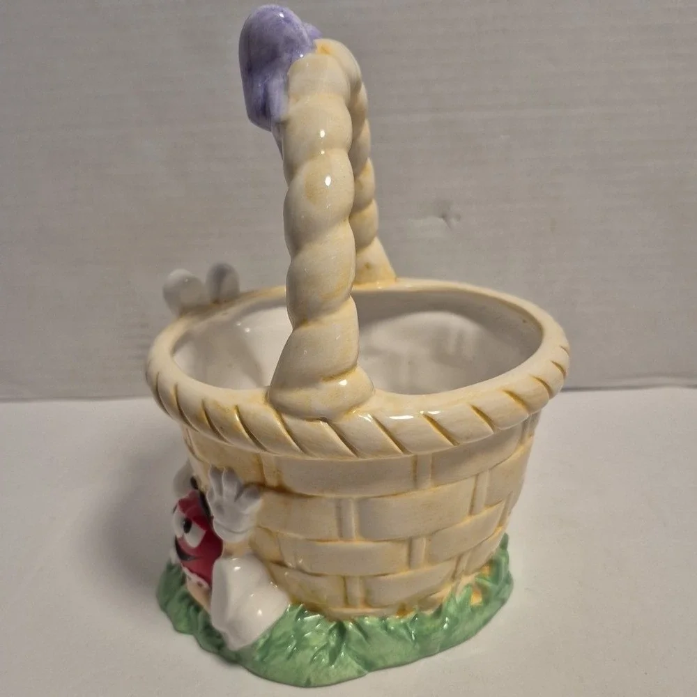 M&M's Ceramic Easter Basket Candy Dish Yellow Red Bunny Ears FTD Multi Vintage